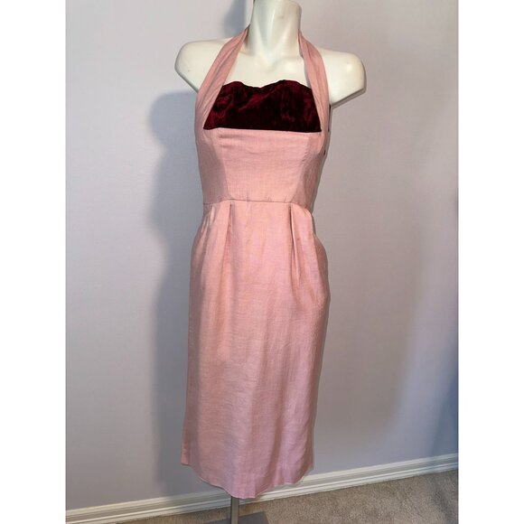 Vtg 60s Hannah Troy Pink Linen Wiggle Dress Maroon Detail Halter Pinup Small - Picture 3 of 8